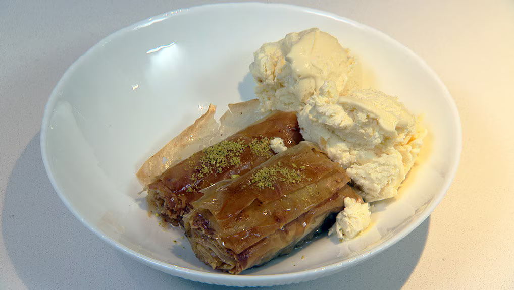 Home-made Baklava serviced with home-made ice-cream